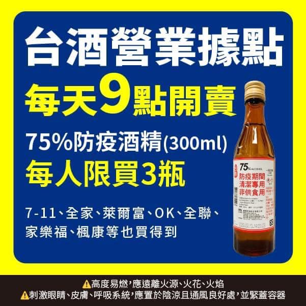  防疫酒精充足！台灣菸酒公司之服務據點平日上午9點起每人每日限購三瓶